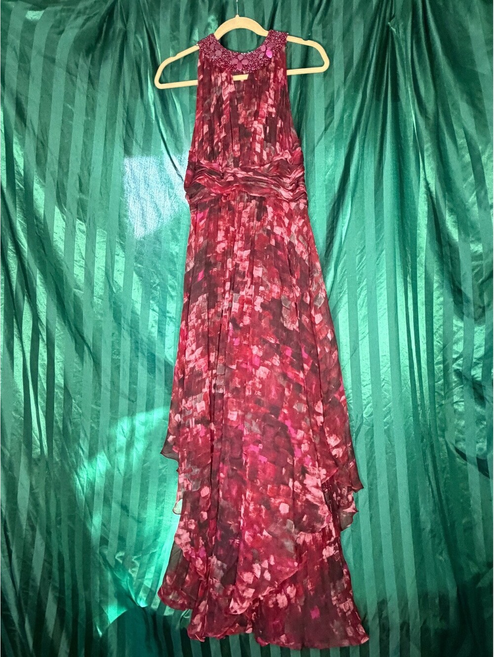 Teri Jon Rickie Freeman Red Floral Print Silk Evening Dress Size 14